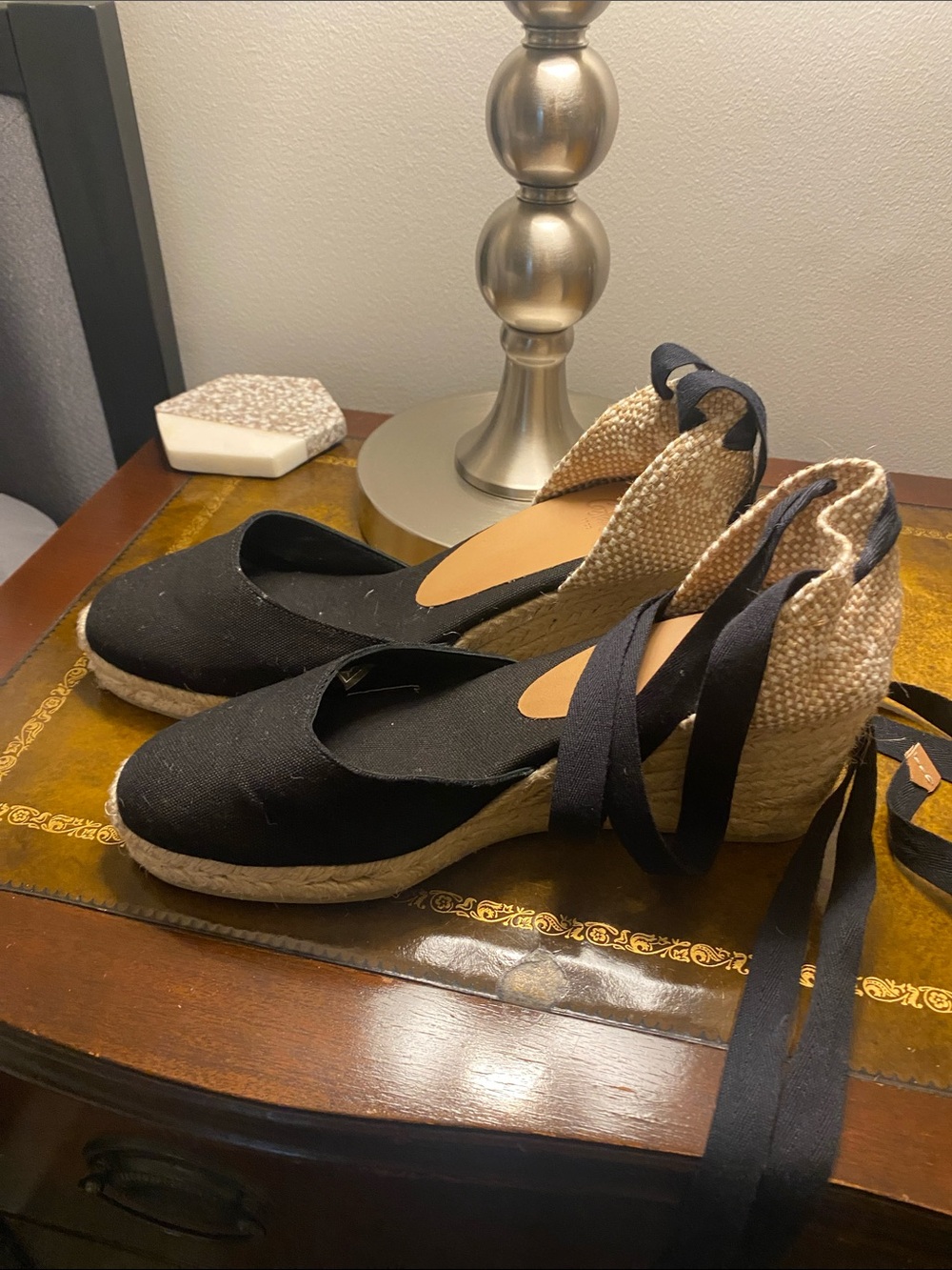 Castaner Black Espadrille Wedge Sandals with Ankle Wrap Size 39